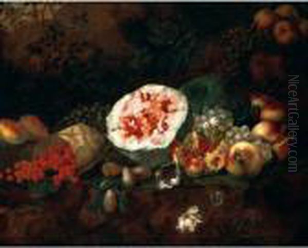 Still Life Of A Watermelon, 
Pomegranates, Grapes, Wild Strawberries, Apples And Plums In A Landscape Oil Painting by Giovanni Battista Ruoppolo