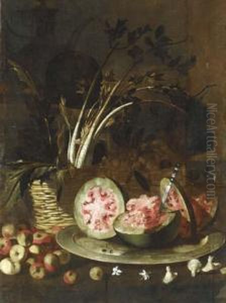 Celery In A Basket, A Sliced Watermelon On A Silver Plate, With Apples All On A Ledge Oil Painting by Giovanni Battista Ruoppolo