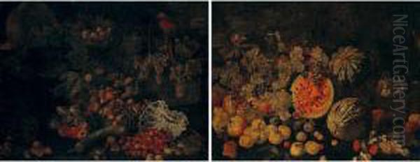 A Still Life With Fruits, 
Including Apples, Cherries, Figs, Marrow And Grapes In And Around Wicker
 Baskets Together With A Mackaw, A Blue-and-white Porcelain Dish And A 
Tortoise by Giovanni Battista Ruoppolo