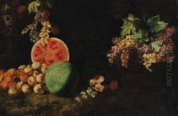 Melons, Peaches, Apples And Grapes With Flowers And Barrel Withgrapes In A Landscape Oil Painting by Giovanni Battista Ruoppolo