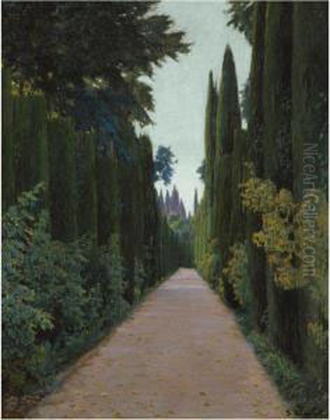 Soledad, Granada (gardens Of The Generalife, Granada) Oil Painting by Santiago Rusinol i Prats