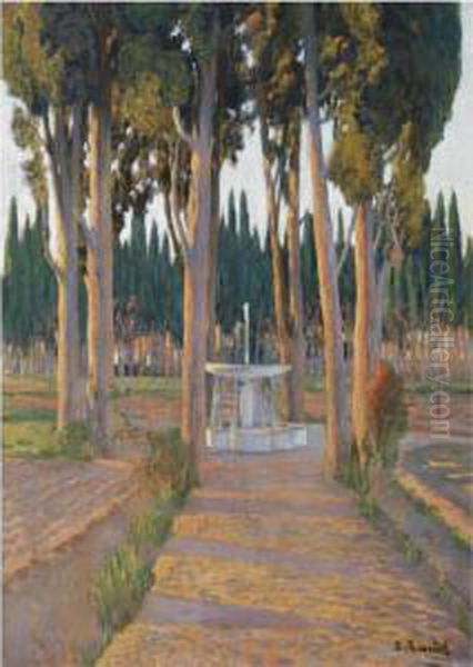 Cipreses Dorados (huerta Del Duque De Gor) (golden Cypresses - Oil Painting by Santiago Rusinol i Prats