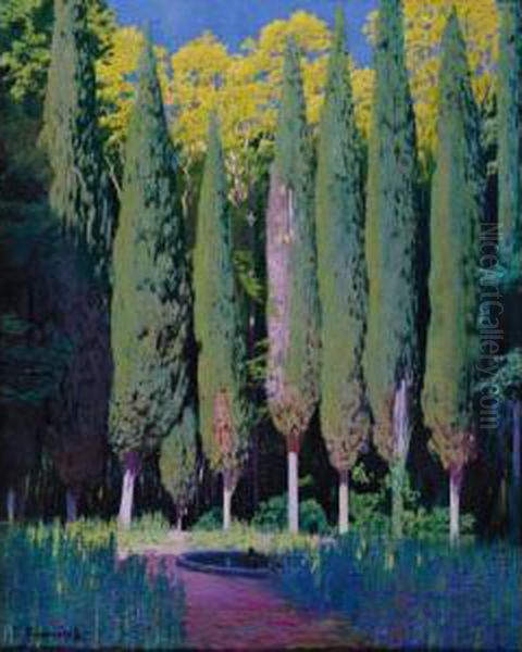 Cipreses En Aranjuez (cypresses In Aranjuez) Oil Painting by Santiago Rusinol i Prats