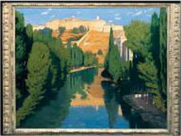 Una Vista Del Rio Jucar, Cuenca (view Along The River Jucar, Cuenca) Oil Painting by Santiago Rusinol i Prats