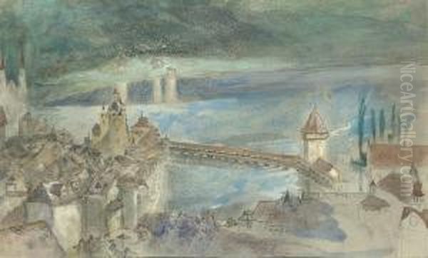 View Of The Kapellbrucke, With The Lake Of Lucerne Beyond Oil Painting by John Ruskin