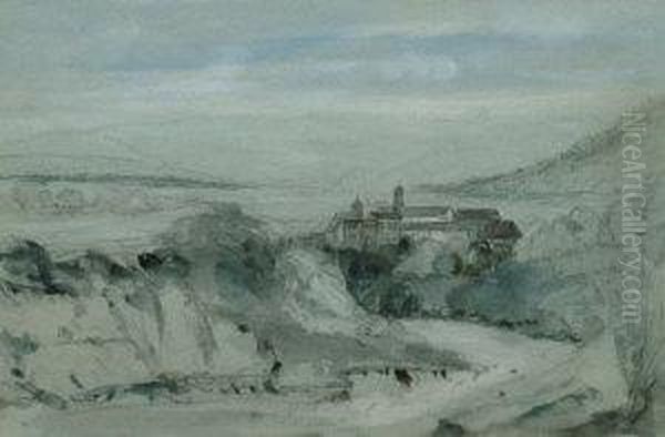 River Landscape With A Monastery Oil Painting by John Ruskin