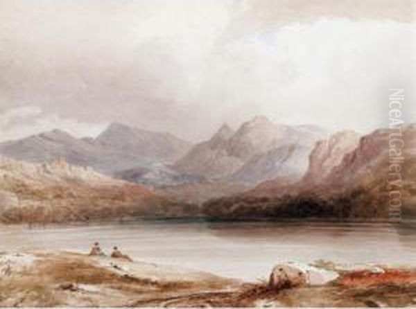 Figures By A Lake; Cattle Watering Oil Painting by John Ruskin