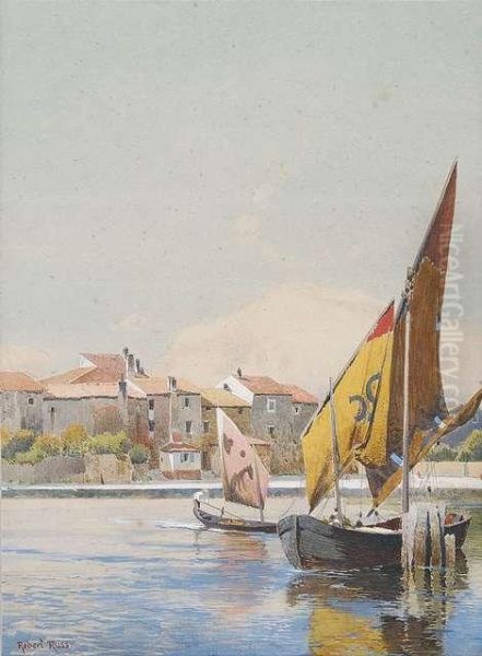 Sailing Ships On A Southern Canal. Oil Painting by Robert Russ