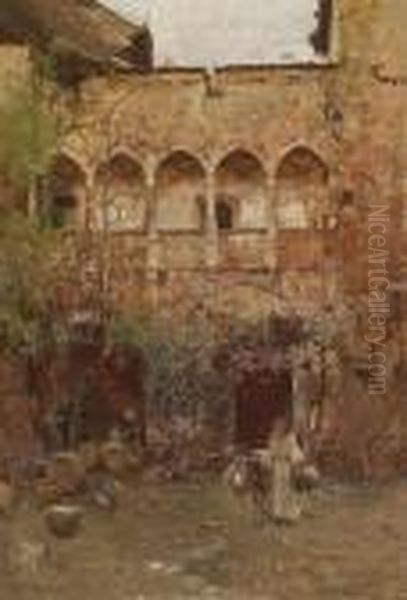 View Of An Italian Monasterycourtyard Oil Painting by Robert Russ