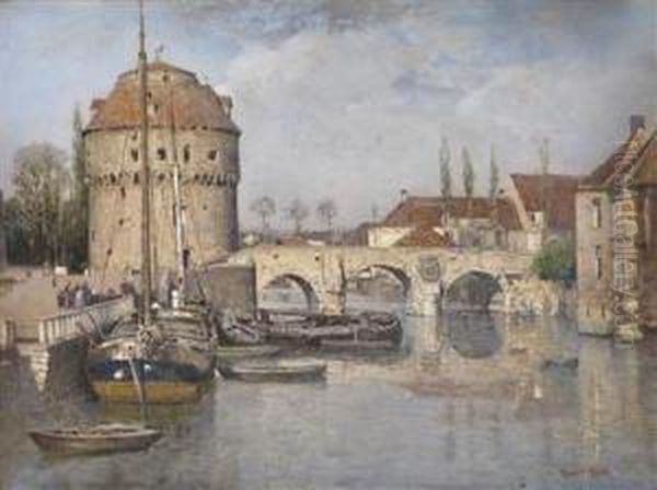 Motiv In Utrecht:brucke Und Wasserturm Oil Painting by Robert Russ