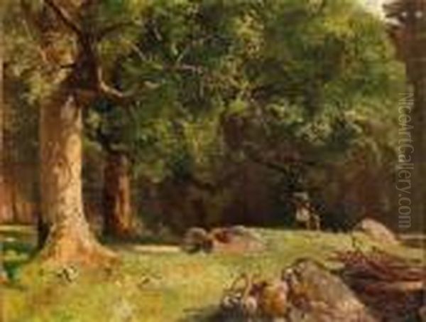 Heimkehrendes Bauernpaar In Einer Waldlandschaft Oil Painting by Robert Russ