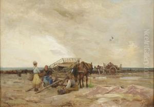 Mussel Gatherers On The Brittany Coast Oil Painting by Robert Russ