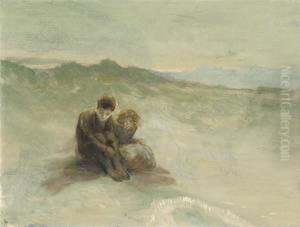 Children On A Beach Oil Painting by George William, A.E. Russell