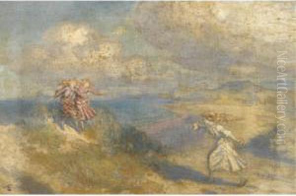 Three Girls Playing In The Dunes Oil Painting by George William, A.E. Russell