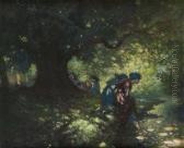 Girls In A Wood Oil Painting by George William, A.E. Russell