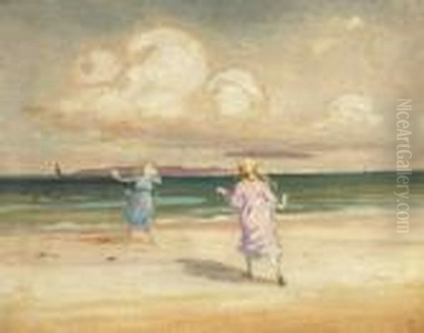 Two Girls Playing By The Seashore Oil Painting by George William, A.E. Russell