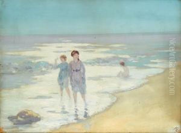 Two Girls Paddling In The Sunlight Oil Painting by George William, A.E. Russell