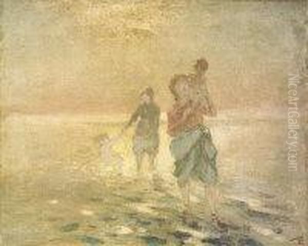 Women And Children Paddling Oil Painting by George William, A.E. Russell