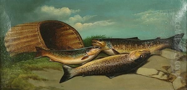 Still Life Of Brown And Rainbow Trout Oil Painting by John Russell