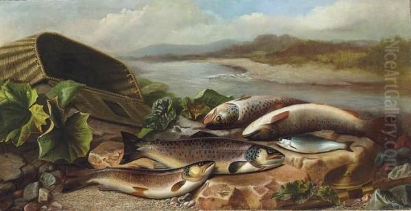 Trout And A Bleak On A River Bank Oil Painting by John Russell