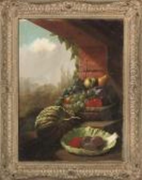 Assorted Fruit By A Window, A Landscape Beyond Oil Painting by John Russell