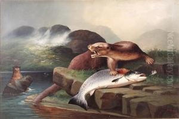 Otters With Salmon Oil Painting by John Russell