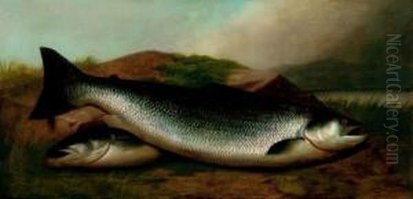 Salmon On A River Bank Oil Painting by John Russell