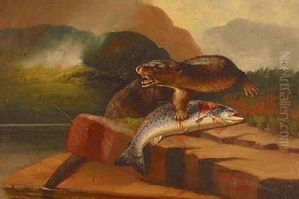 Otter With A Trout By A Highland Lake Oil Painting by John Russell