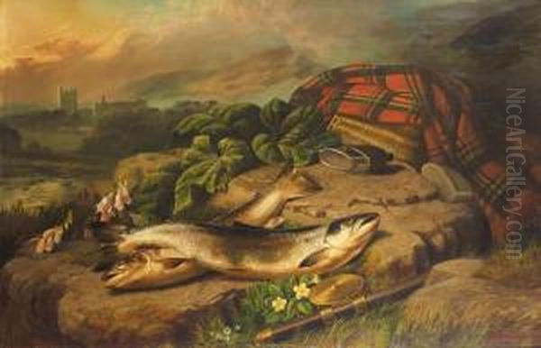 Salmon On The Banks Of The Dee With Balmoral In The Distance Oil Painting by John Russell