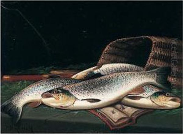 Yellow Trout Taken From The Fochabers Burn; Sea Trout Taken From The Spey At Fochabers Oil Painting by John Russell