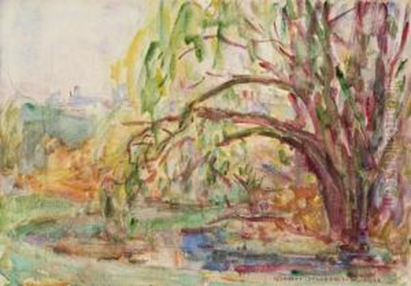 Tree With Village In The Background Oil Painting by John Peter Russell