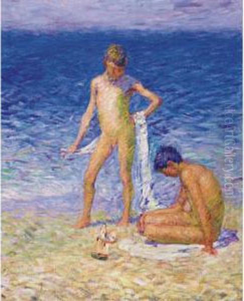 Boys On The Beach, Belle-ile Oil Painting by John Peter Russell