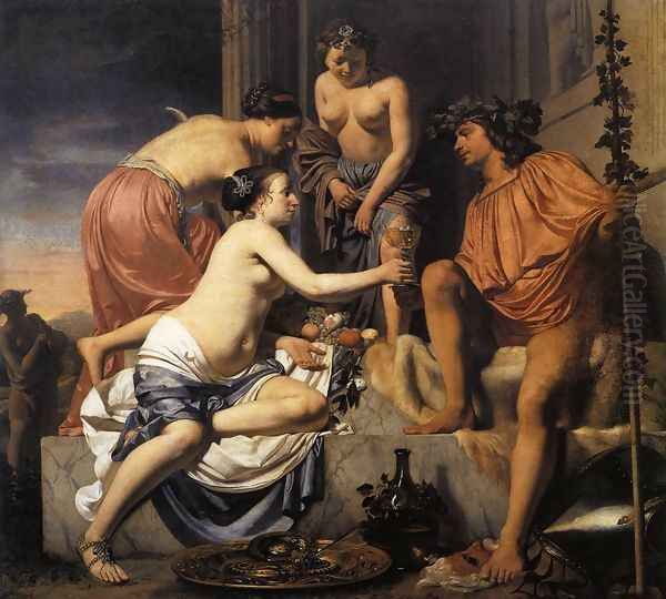 Nymphs Offering the Young Bacchus Wine, Fruit and Flowers 1670-78 Oil Painting by Caesar Van Everdingen