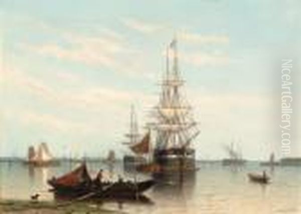 Ships On The Water Oil Painting by Johan Adolph Rust