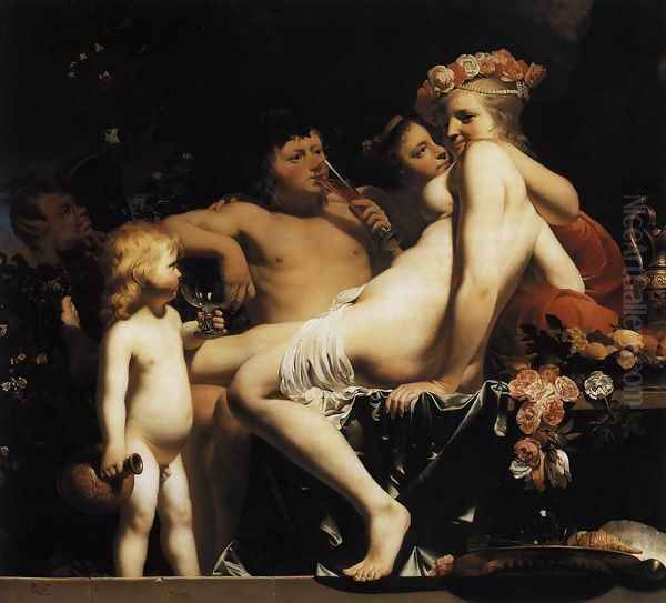 Bacchus with Nymphs and Cupid c. 1660 Oil Painting by Caesar Van Everdingen