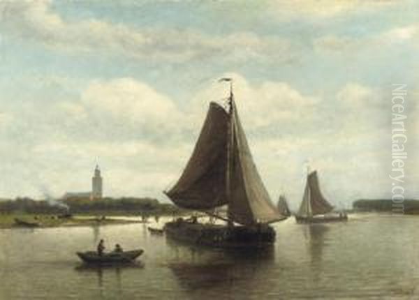 Shipping On A Calm, A Village Beyond Oil Painting by Johan Adolph Rust