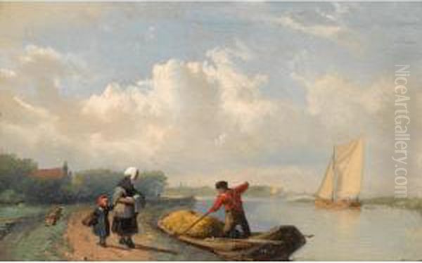 Figures On A Tow Path Oil Painting by Johan Adolph Rust