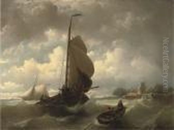 Raising The Sails Near Hoorn Oil Painting by Johan Adolph Rust