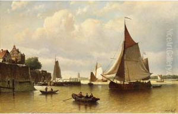 Ships At Low Tide A Village Beyond Oil Painting by Johan Adolph Rust