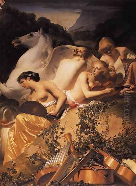 Four Muses and Pegasus on Parnassus c. 1650 Oil Painting by Caesar Van Everdingen