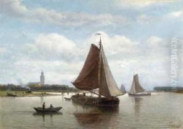 Ships At Low Tide With A Village Beyond Oil Painting by Johan Adolph Rust