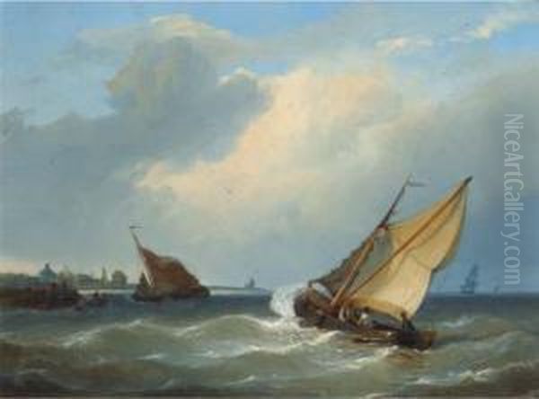 Entering A Harbour In A Stiff Breeze Oil Painting by Johan Adolph Rust