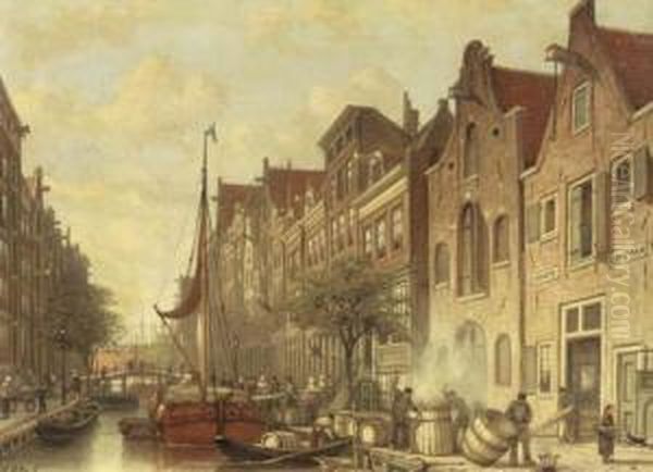 Barrelmakers De Haan En Zonen On The Busy Elandsgracht, Amsterdam Oil Painting by Johan Adolph Rust