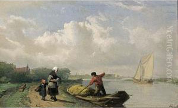 Figures Passing A Skipper And His Barge Oil Painting by Johan Adolph Rust