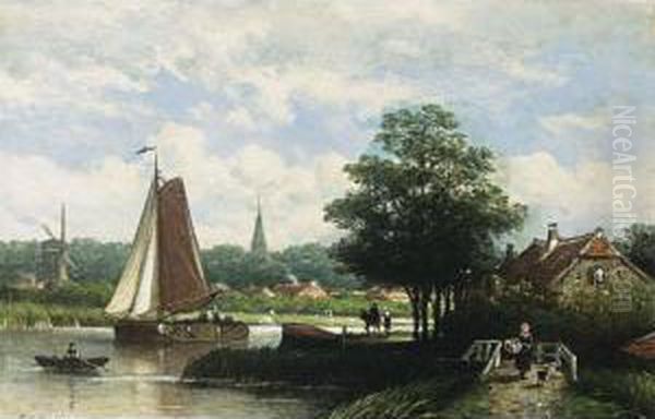 A Sunny River Landscape With Figures On A Path Oil Painting by Johan Adolph Rust