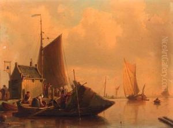 Fishermen Unloading Their Catch Along A Jetty Oil Painting by Johan Adolph Rust