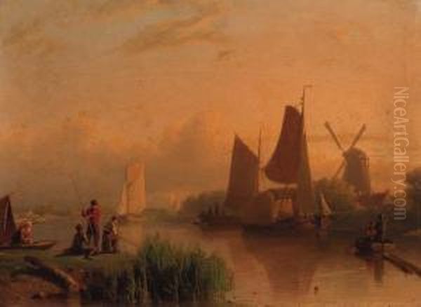 Anglers In A River Landscape Oil Painting by Johan Adolph Rust