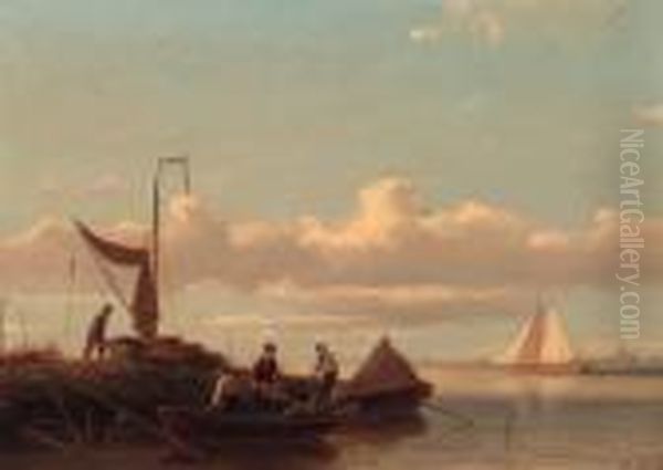 Peasants Unloading A Barge On A Jetty Oil Painting by Johan Adolph Rust