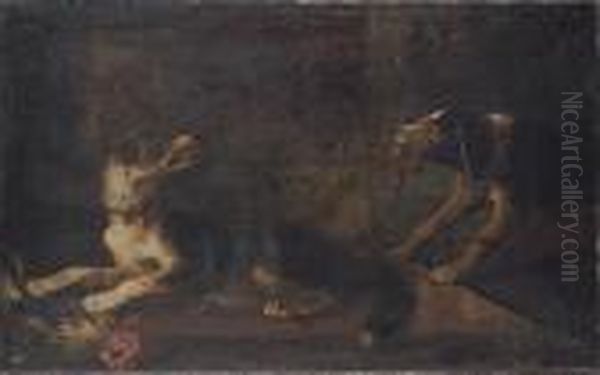 Hounds Fighting Over A Wounded Cockerel Oil Painting by Carl Borromaus Andreas Ruthart