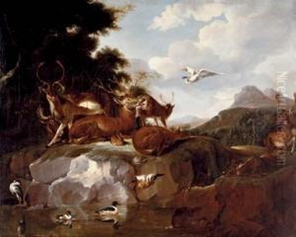 Deer, Ducks, A Rabbit, A Spoonbill And Other Animals In A Landscape Oil Painting by Carl Borromaus Andreas Ruthart